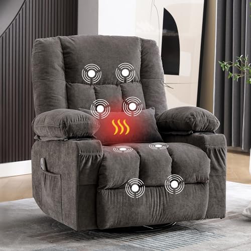 Massage-Drehstuhl mit Vibrationsmassage und Lendenwirbelheizung für Erwachsene, übergroßes Wipp-Liegestuhl mit Seitentasche, zwei Getränkehaltern und USB-Ladeanschluss für Wohnzimmer von MAHOMICO
