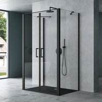 Duschkabine U-Form Duschabtrennung 90x90 Duschkabine Aluminiumrahmen mit Duschtasse ESG-Sicherheitsglas Klarglas Doppeltüre Schwarz Ravenna66UK von MAI & MAI