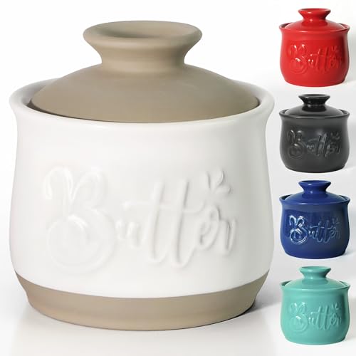 MAIA Ceramic 5.5 oz Butter Crock for Counter with Water Butter Spreader Holder for Spreadable Butter French Butter Dish with Lid Butter Keeper on Kitchen Counter White Kitchen Décor von MAIA