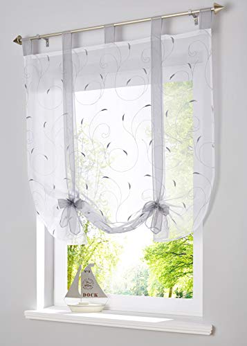 MAICHIHUOY Voile Scheibengardine Gardine Transparenter Raffrollo Satinband Tunnelzug Stickerei Blumen Kurzstore Deko Wohnzimmer Schlafzimmer Studierzimmer von MAICHIHUOY