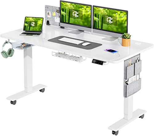 MAIDeSITe Höhenverstellbarer Schreibtisch (140 x 70 cm) Einfache Montage Schreibtisch Höhenverstellbar Elektrisch mit 4 Memory-Steuerung und Kabelmanagement und 360°Rollen Schreibtisch SN1 (Weiß) von MAIDeSITe