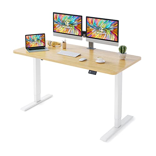 MAIDeSITe Höhenverstellbarer Schreibtisch 140 x 70 cm - Elektrisch mit 4 LED Memory-Steuerung - Sitz & Stehpult -Schreibtisch Tischplatte (S1 Pro), Weiß Gestell + Eich von MAIDeSITe