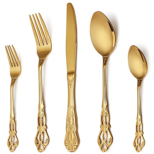 Besteckset Royal Gold 20-teilig, Gold Besteck Set 4 Personen aus Edelstahl, Luxus Royal Besteck Messer und Gabel Set Hochglanzpoliert spülmaschinenfest für Hochzeitsfest Bankett Geschenk von MAIENSI