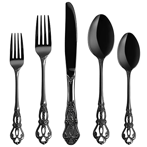 Besteckset Royal Schwarz 20-teilig, Schwarz Besteck Set 4 Personen aus Edelstahl, Royal Schwarzes Besteck Messer und Gabel Set Hochglanzpoliert spülmaschinenfest für Hochzeitsfest Bankett Geschenk von MAIENSI