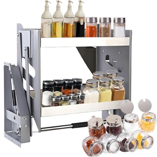 MAIMAILE 2-stöckiger Küchenschrank, ausziehbares Regal, Schwerlastregal, Hebekorb, Metall-Geschirr- und Gewürzregal, Hebeschrank, Schränke, 30 kg Tragkraft, komplette Konfiguration, für Küche von MAIMAILE