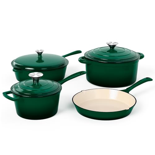 MAISON ARTS Emaille-Gusseisen-Kochgeschirr-Set, 7-teilig, Dutch Oven Topf mit Deckel, Smaragd antihaftbeschichtete Töpfe und Pfannen Set, ofenfest bis 260 °C von MAISON ARTS