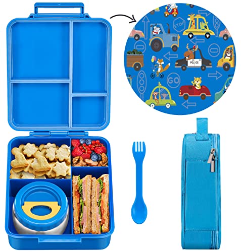 MAISON HUIS Bento Box Kinder Lunchbox mit thermobehälter Brotdose für Lebensmittel Brotbox für Kindergarten und Schule (Blau, Tierisches Fahren) von MAISON HUIS