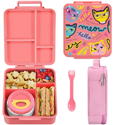 MAISON HUIS Bento Box Kinder Lunchbox mit thermobehälter Brotdose für Lebensmittel Brotbox für Kindergarten und Schule (Pink, Lustige Katzen) von MAISON HUIS