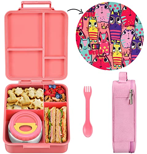 MAISON HUIS Bento Box Kinder Lunchbox mit thermobehälter Brotdose für Lebensmittel Brotbox für Kindergarten und Schule (Rosa, Katzenfamilie) von MAISON HUIS