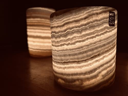 Maison Zoe 2-teiliges Teelichthalter Set Zylinder 10x10cm aus Alabaster-Stein - handgeschnitzte Kerzenhalter - Deko - Windlichthalter von MAISON ZOE HANDMADE ACCESSORIES