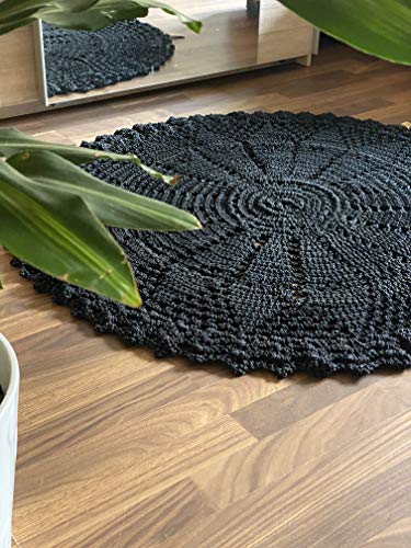 Maison Zoe Schwerer runder Häkelteppich schwarz ø100 bis 110cm - 100% Handgemacht - einfarbiges Design - Teppiche … von Maison Zoe