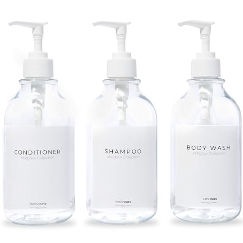 MaisoNovo Nachfüllbare Shampoo und Conditioner Flaschen | 500 ml Satz von 3 klaren Kunststoff-Flaschen Weiße Pumpen MaisoNovo Nachfüllbare Shampoo und Conditioner Flaschen | 500 ml Satz von 3 klaren Kunststoff-Flaschen Weiße Pumpen von MAISONOVO
