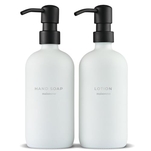 MaisoNovo Seifenspender Bad - 500 ml weißes Seifenspender aus Glas, Schwarze Pumpen x 2 - Seifenspender Küche MaisoNovo Seifenspender Bad - 500 ml weißes Seifenspender aus Glas, Schwarze Pumpen x 2 - Seifenspender Küche von MAISONOVO