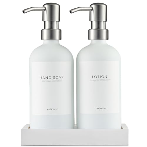 MaisoNovo Seifenspender Bad - Seifenspender Küche - Seifen- und Lotionspender-Set – 500 ml, weißes Handseifenspenderglas mit silberner Pumpe, 2er-Set und Betontablett - Spülmittelspender Küche von MaisoNovo