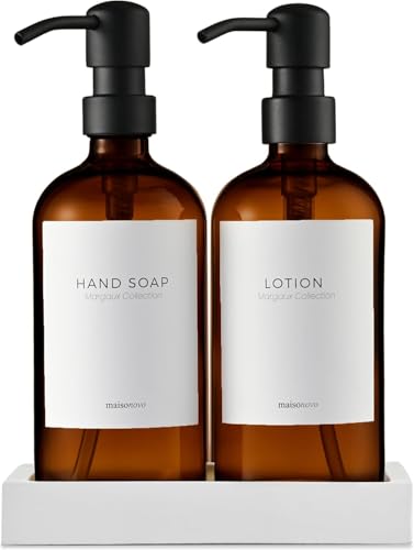 MaisoNovo Seifenspender Bad - Seifenspender Küche - 500 ml Bernsteinflaschen, Schwarze Pumpen, 2er-Set und Betontablett - Spülmittelspender Küche von MaisoNovo