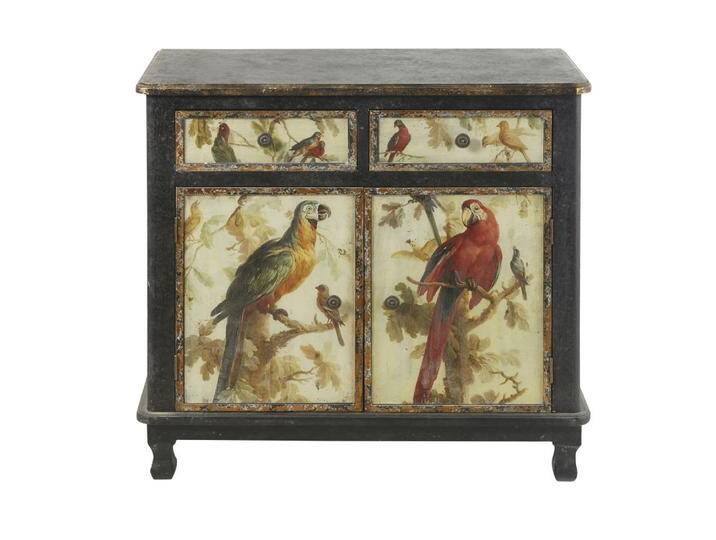 Buffet mit 2 Türen und 2 Schubladen, schwarz, bedruckt mit Papageimotiv von MAISONS-DU-MONDE