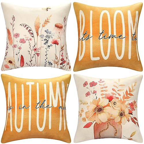 4er Set Kürbis Herbst Kissenbezüge 40 x 40 cm Bauernhaus Herbst Orange Kissenhülle Leinen Aquarell Kürbisse Vase Blumen Muster Vintage Sofakissen Kissenbezüge für Home Sofa Garten Schlafzimmer von MAIXUN