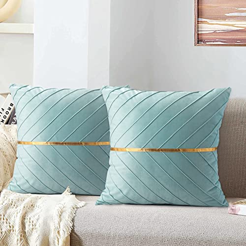 MAIXUN Kissenbezug Petrol Deko Kissen Wohnzimmer Blaugrün Blau Golden Strip Decoration Samt 40x40 cm Sofakissen Weich Couchkissen Zierkissenbezug für Wohnzimmer Schlafzimmer 2er Set von MAIXUN