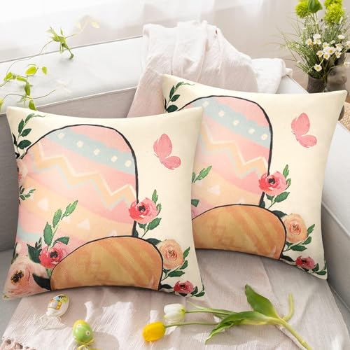 MAIXUN 2er Set Leinen Kissenbezug Ostern 45x45cm Kissenhülle Dekorative Dekokissen Ostereier Ostern Sofakissen Lendenkissen Wurfkissenbezug mit Verstecktem Reißverschluss Sofa Schlafzimmer von MAIXUN