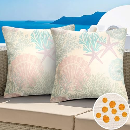 MAIXUN 2er Set Rosa Seestern Kissenbezüge 45x45 cm Leinen Kissenhülle Dekorative Outdoor Wasserdichter Kissenbezug Sommer Couchkissen Dekokissen Zierkissenbezug Deko Verstecktem Reißverschluss von MAIXUN