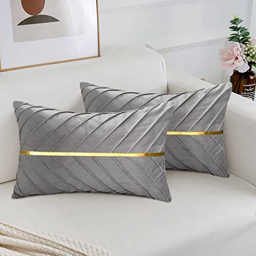 MAIXUN Kissenbezüge 30 x 50 cm Samt Gold Grau Couchkissen Deko Kissen Wohnzimmer Sofakissen Luxuriös Weich Zierkissenbezug Versteckter Reißverschluss für Wohnzimmer Schlafzimmer 2er Set von MAIXUN