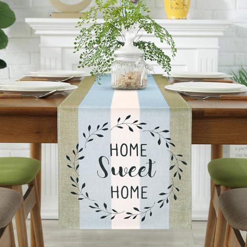 Tischläufer Blau Grün Modern Weißer 33 x 183 Tischläufer Abwaschbar Leinenoptik Planken Antik Alt Rustikal Küche Tisch Läufer Saisonnal Table Runner für Esstisch Drinnen Party Dekoration von MAIXUN