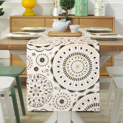 Tischläufer Bunt Mandala Blumen Muster 33x183 Beige Tischwäsche Modern Baumwolle Tischdecke Landhausstil Vintage Muster Hochzeit Tischdeko für Urlaub Party Picknick Küche Table Runner von MAIXUN