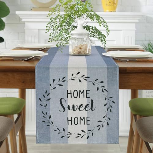 Tischläufer Grau Leinen Modern 33x183 Tischläufer Blau Streifen Bauernhaus Rustikale Retro Table Runner für Esstisch Party Hochzeit Wohnzimmer Picknicks im Freien Küchendekoration von MAIXUN