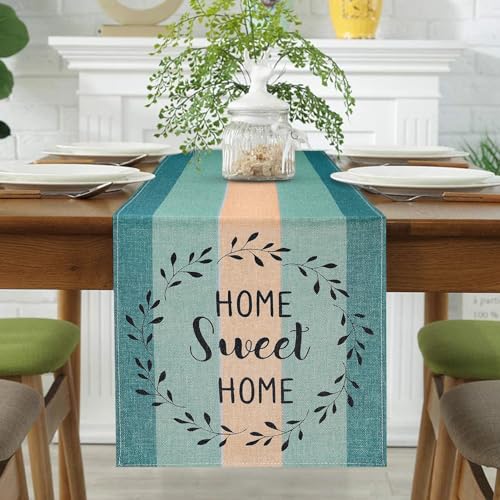 Tischläufer Modern Wohnzimmer 33 x 183 Grün Tischläufer Leinen Grün Blau Braun Streifen Läufer Tisch Bauernhaus Rustikale Retro Table Runner für Esstisch Party Hochzeit Küchendekoration von MAIXUN