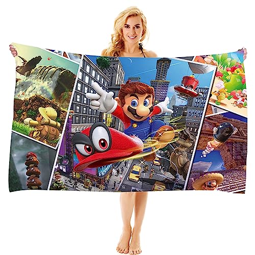 MAJEQZGY Mario Badetuch mit 3D Druck für Kinder Pooltuch Kinder Badelaken Ultraweich Super SaugfäHig Haltbarkeit Strand Badezimmer GesichtstüCher Teenager (Filmszene) von MAJEQZGY