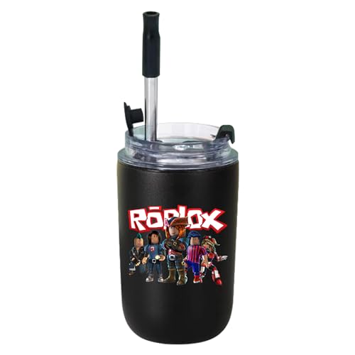 MAJEQZGY Roblox Spiel Wasserflasche 280 ml Auslaufsicher Trinkflasche mit Strohhalm Trinkbecher Edelstahl Flasche für Arbeit, Reisen, Outdoor, Schule (Schwarze Coole Charaktere) von MAJEQZGY