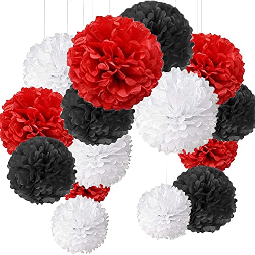 15 Stück Pompons Seidenpapier Blume Pompon Kugel zum Aufhängen 6 Zoll, 10 Zoll, 12 Zoll Dekoration Hochzeit Party (schwarz rot weiß) von MAKFORT