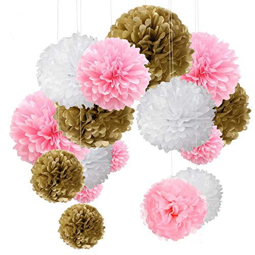 15er Set Pompoms Deko Bunt Seidenpapier Pompons für Hochzeit, Geburtstag, Party Gold Rosa Weiß von MAKFORT