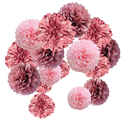 15er Set Pompoms Deko Bunt Seidenpapier Pompons für Hochzeit, Geburtstag, Party Roségold Rosa von MAKFORT