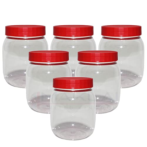 MKR PET Vorratsdosen aus transparentem Kunststoff mit rotem Schraubverschluss. Für Mehrzweck-Heimorganisation, Lebensmittel, Handwerk, Pulver, Kräuter, Gewürze, Snacks (6 x 500 ml) von MAKREL