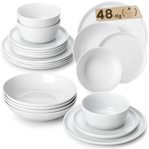 MALACASA, Geschirrset 12 Personen, 48-teilig Porzellan Tafelservice Geschirr set Weiß, Geschirr set aus 12x Dinnerteller, 12x Dessertteller, 12x Müslischalen, 12x Tiefe Teller, Serie LEXI von MALACASA