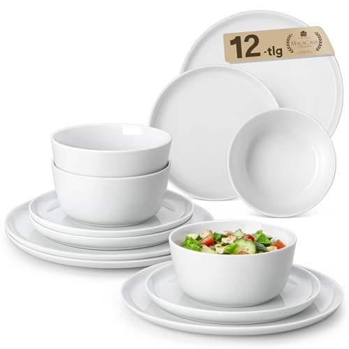 MALACASA, Geschirrset 4 Personen, 12-teiligs Porzellan Tafelservice Geschirr set Weiß, Geschirr set aus 4x Dinnerteller, 4x Dessertteller, 4x Müslischalen, Serie LEXI MALACASA, Geschirrset 4 Personen, 12-teiligs Porzellan Tafelservice Geschirr set Weiß, Geschirr set aus 4x Dinnerteller, 4x Dessertteller, 4x Müslischalen, Serie LEXI von MALACASA