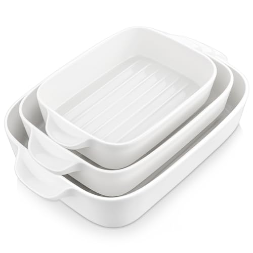 MALACASA, Serie Bake. Bake, 3 teilig Auflaufformen für den Ofen, Porzellan Backformen Set Durable Casserole Dish Set Lasagne Pan tief, Keramik Backformen Sets mit Griffen, Weiß (26cm/31cm/36cm) von MALACASA