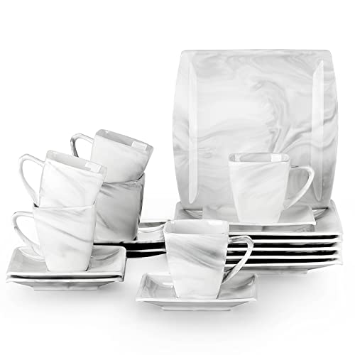 MALACASA, Serie Blance, 18 TLG. Set Marmor Porzellan Kaffeeservice Teeservice Geschirr, mit 6 Stück Kuchenteller, 6 Stück 180ml Tasse und 6 Stück Untertasse für 6 Personen von MALACASA