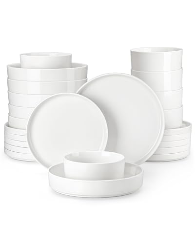 MALACASA, Serie Leah, Geschirrset 12 Personen, 48-teilig Porzellan Tafelservice Geschirrset Weiß, geschirr set mit Stehrand aus 12x Dinnerteller, 12x Dessertteller, 12x Müslischalen, 12x Tiefe Teller von MALACASA