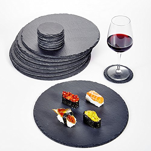 MALACASA, Serie Nature.Slate, 32-TLG. Set Schieferplatte, Schiefer Käseplatte Rundförmig Schieferuntersetzer Glasuntersetzer Appetizer Servierplatte Buffetplatte Durchmesser 10/30cm von MALACASA