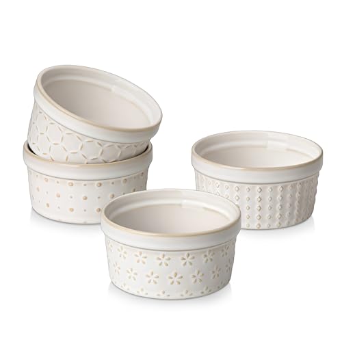 MALACASA Ramekin 180 ml Soufflé Förmchen Set von 4, Ø11.1cm Creme Brulee Schälchen Backofen sicher mit Relief, Steingut Soufflés, Kleine Schalen, Mini Auflaufformen zum Backen, Serie LYDIA Beige von MALACASA