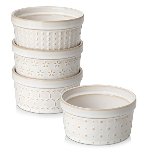 MALACASA Ramekin 240 ml Soufflé Förmchen Set von 4, Ø11.1cm Creme Brulee Schälchen Backofen sicher mit Relief, Steingut Soufflés, Kleine Schalen, Mini Auflaufformen zum Backen, Serie LYDIA Beige von MALACASA