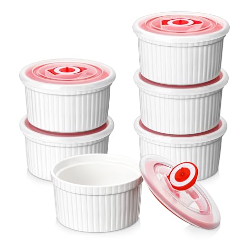 MALACASA Creme Brulee Schälchen 6er Set, Ø 9cm - 240 ml Souffle Förmchen Backofenfest mit Deckel, Porzellan Ofenfeste Förmchen, Creme Brulee Schalen, Mini Auflaufform, Weiß, Serie Ramekin von MALACASA