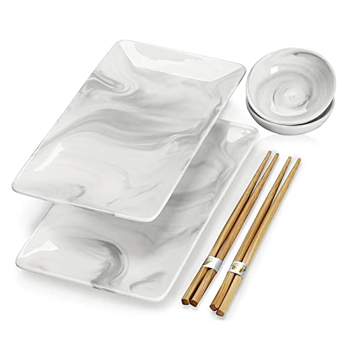 MALACASA, Serie Regular, 6-tlg. Marmor Porzellan Japanisch Sushi Service Geschirr Set für 2 Personen, Sushi Essservice mit 2x Sushi Teller, 2x 70ml Schüssel, 2 paar Essstäbchen von MALACASA