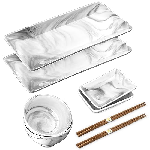 MALACASA, Serie Regular, 8-tlg. Marmor Porzellan Japanisch Sushi Service Geschirr Set für 2 Personen, Sushi Essservice mit 2x Sushi Teller, 2x 330ml Schüssel, 2 paar Essstäbchen, 2x Eckige Dipschalen von MALACASA