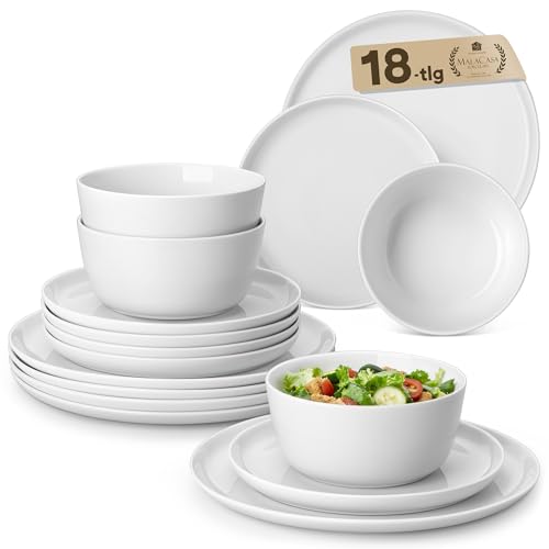 MALACASA, Tafelservice 6 Personen, 18-teilig Porzellan Geschirrset Weiß, Geschirr set aus 6x Dinnerteller, 6x Dessertteller, 6x Müslischalen, Serie LEXI von MALACASA