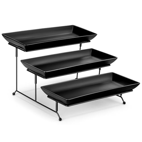 MALACASA 3-stufige Servierplatte aus Steinzeug mit klappbarem stabilem Ständer, für Partys, Buffets, Obst, Desserts, Cupcakes, Mattes Schwarz, 36 x 15,3 cm von MALACASA
