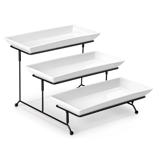 MALACASA 3-stufiges Servierplatten Porzellan Servierplatte mit zusammenklappbaren Sturdier Stand, für Party Entertaining Food Display Obst Dessert Cupcakes, Weiß 30.5x15.3cm von MALACASA
