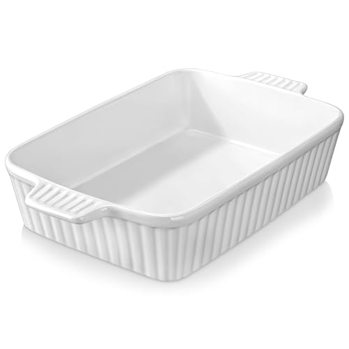 MALACASA Auflaufform Groß 4,2 L (39.6x23x8 cm), Lasagne Auflaufform aus Keramik mit Griffen, Tiefe Backform für Ofen, Mikrowellengeeignet, Spülmaschinenfest, Langlebig, Weiß – Serie Bake.Bake von MALACASA